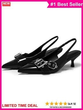 Womens Slingback Kitten Heels Pointed Toe Pumps Studded Buckle Strap